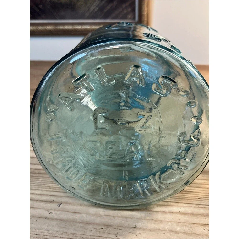 Pair of Vintage QT Atlas E-Z Seal Aqua Glass Canning Jars/Wire Bail